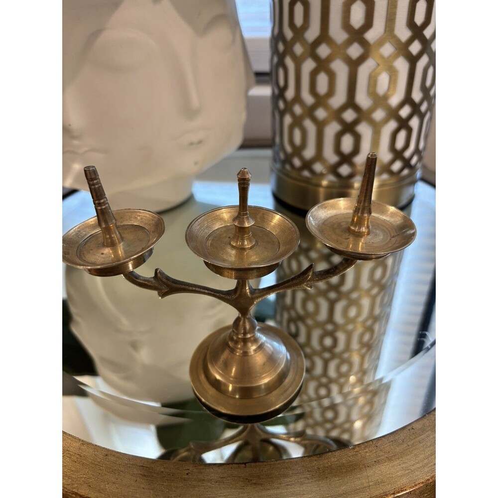 Vintage solid Brass Three Branch Kerala Oil Lamp Candelabra Candle Holder 8”Tall
